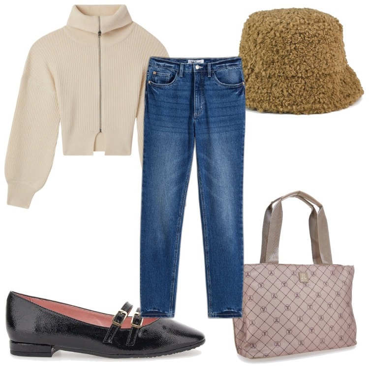 Outfit donna - Total look #2001319. Stile Trendy per Tutti i giorni. Abbinamento con jeans dritti, cardigans, ballerine, cappelli, borse a spalla.
