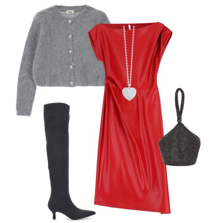 Outfit donna - Signora in rosso. Stile Chic per Serata fuori. Abbinamento con collane, pochette, vestiti midi/longuette, cardigans, stivali.