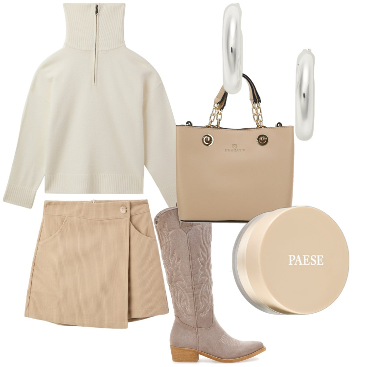 Outfit donna - Total look #2001329. Stile Trendy per Tutti i giorni. Abbinamento con ciprie, minigonne, maglieria, orecchini, stivali, borse a spalla.