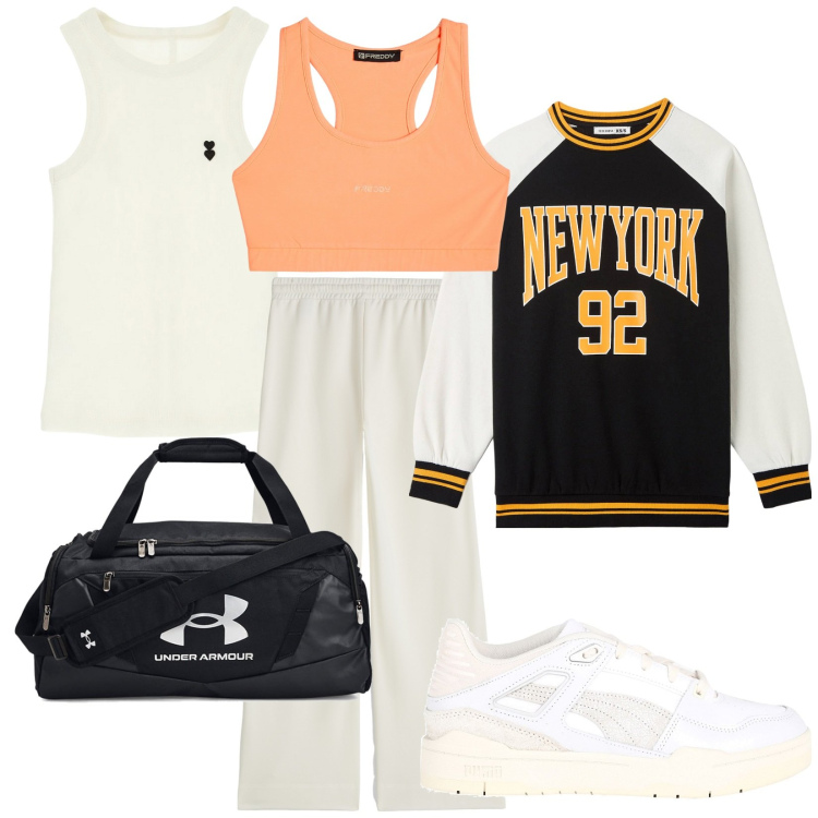 Outfit donna - Total look #2001331. Stile Casual per Sport. Abbinamento con sneakers, felpe, canottiere, pantaloni a palazzo, top sportivi, borse sportive.