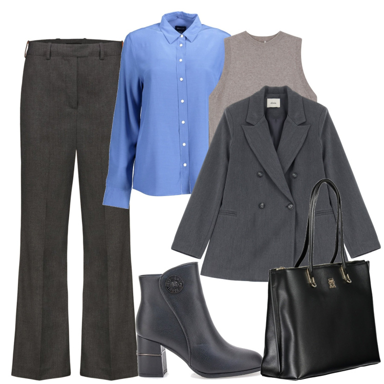 Outfit donna - In ufficio. Stile Minimal per Ufficio. Abbinamento con blazer, gilet, stivaletti, camicie, pantaloni, borse a spalla.