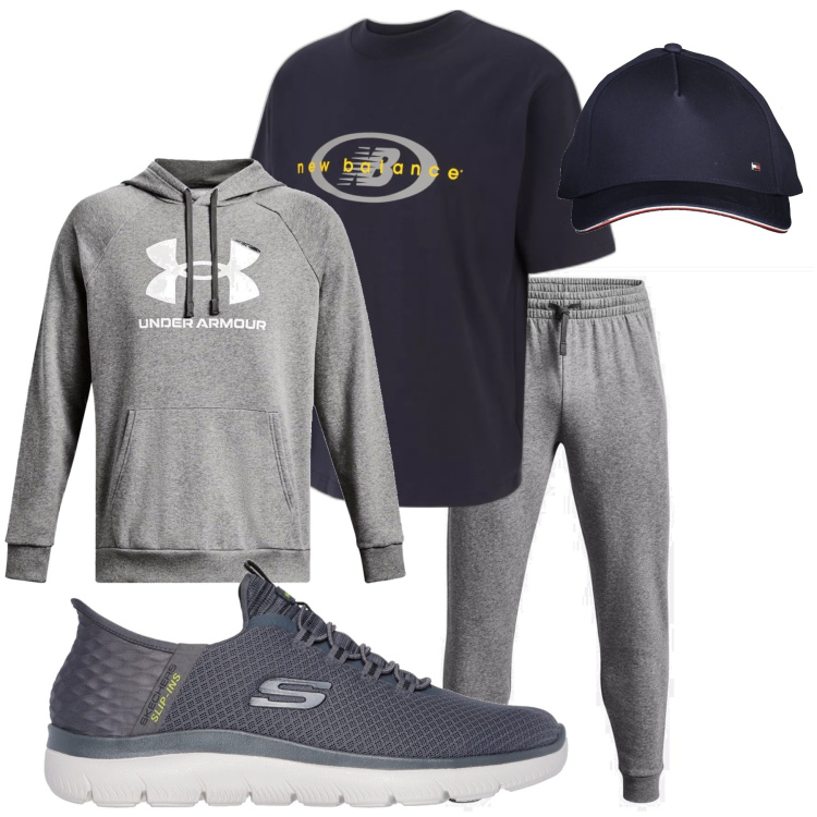 Outfit uomo - Grigio e blu. Stile Casual per Tutti i giorni. Abbinamento con t-shirt, felpe con cappuccio, pantaloni, cappelli con visiera, sneakers.