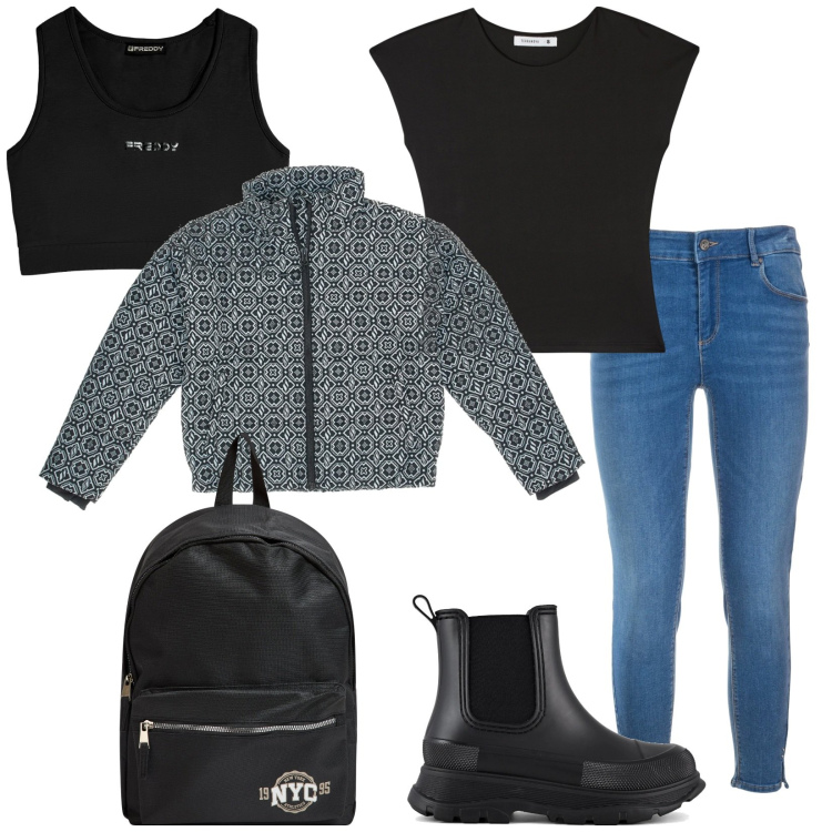 Outfit donna - Total look #2001373. Stile Urban per Scuola/Università. Abbinamento con zaini, t-shirt, jeans, reggiseni, stivali, blazer.