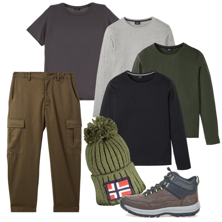 Outfit uomo - Tris di pull. Stile Urban per Tutti i giorni. Abbinamento con maglieria, pantaloni cargo, t-shirt, stivali e stivaletti, berretti.