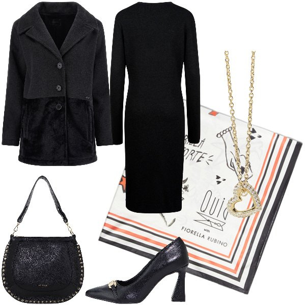Outfit donna - il cappotto a due stoffe. Stile Chic per Ufficio. Abbinamento con collane, stivaletti, borse a spalla, cappotti, vestiti midi/longuette, foulard.
