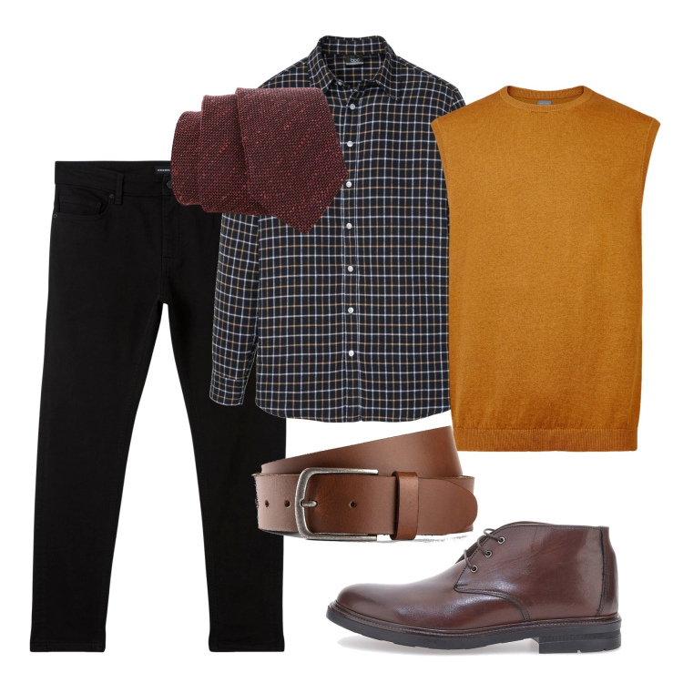 Outfit uomo - La cravatta ruggine. Stile Urban per Ufficio. Abbinamento con cinture, camicie, pantaloni skinny, cravatte, gilet, scarpe stringate.