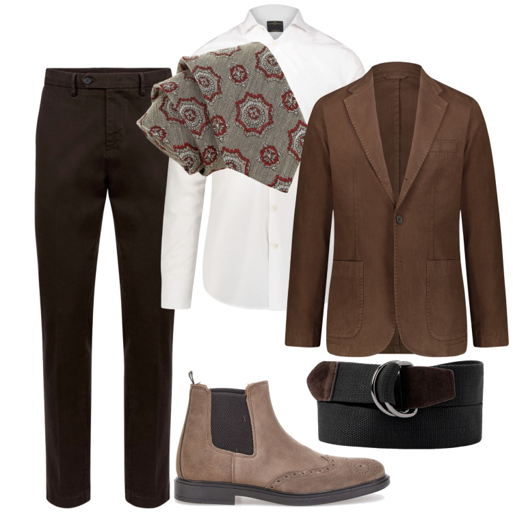Outfit uomo - Eleganza innata. Stile Business/Elegante per Ufficio. Abbinamento con cravatte, camicie, pantaloni chino, stivali e stivaletti, giacche, cinture.
