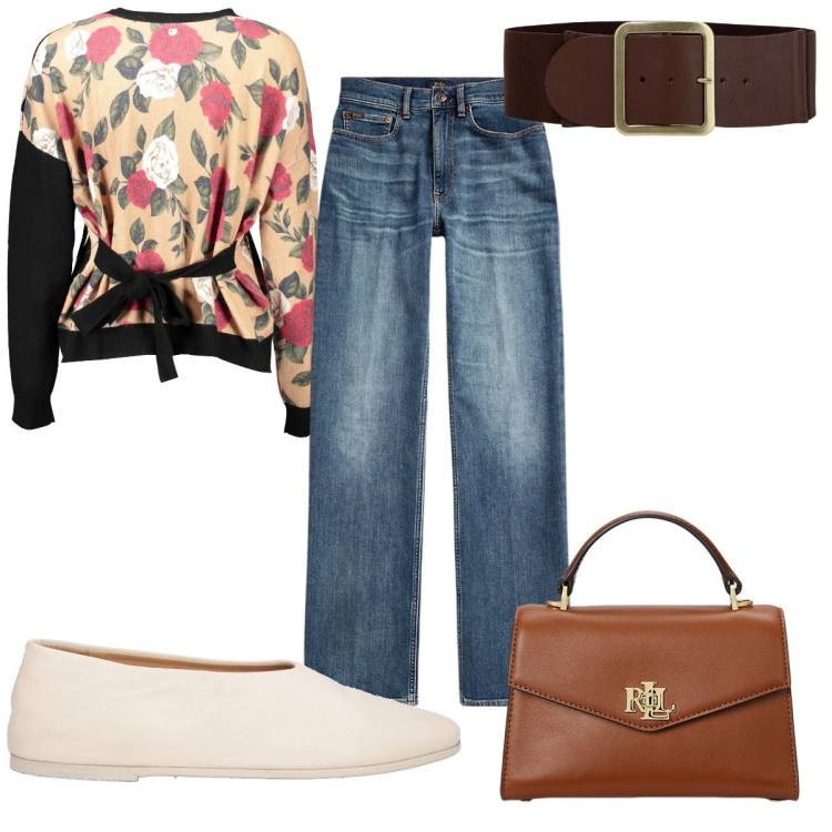 Outfit donna - Total look #2001422. Stile Trendy per Tutti i giorni. Abbinamento con ballerine, cinture, borse a mano, jeans dritti, cardigans.