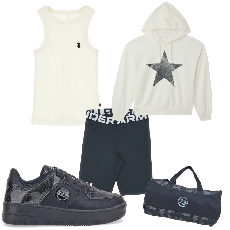 Outfit donna - La stella dello sport. Stile Casual per Sport. Abbinamento con canottiere, felpe sportive, pantaloni corti, borse sportive, sneakers.