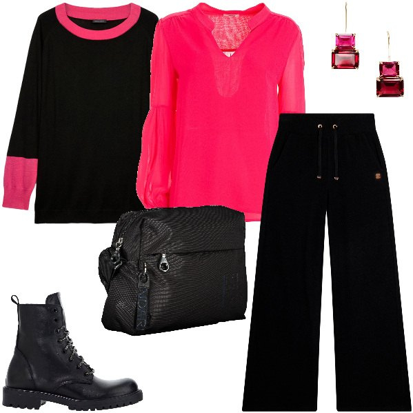 Outfit donna - Accenni ciclamino. Stile Casual chic per Ufficio. Abbinamento con stivaletti, bluse, pantaloni, orecchini, borse a tracolla, maglieria.
