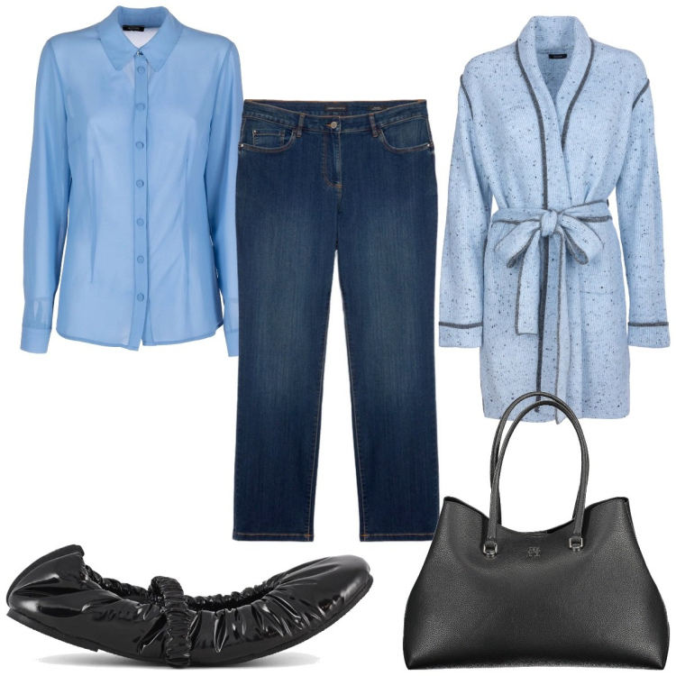 Outfit donna - Total look #2001426. Stile Trendy per Tutti i giorni. Abbinamento con camicie, cardigans, ballerine, borse a spalla, jeans dritti.