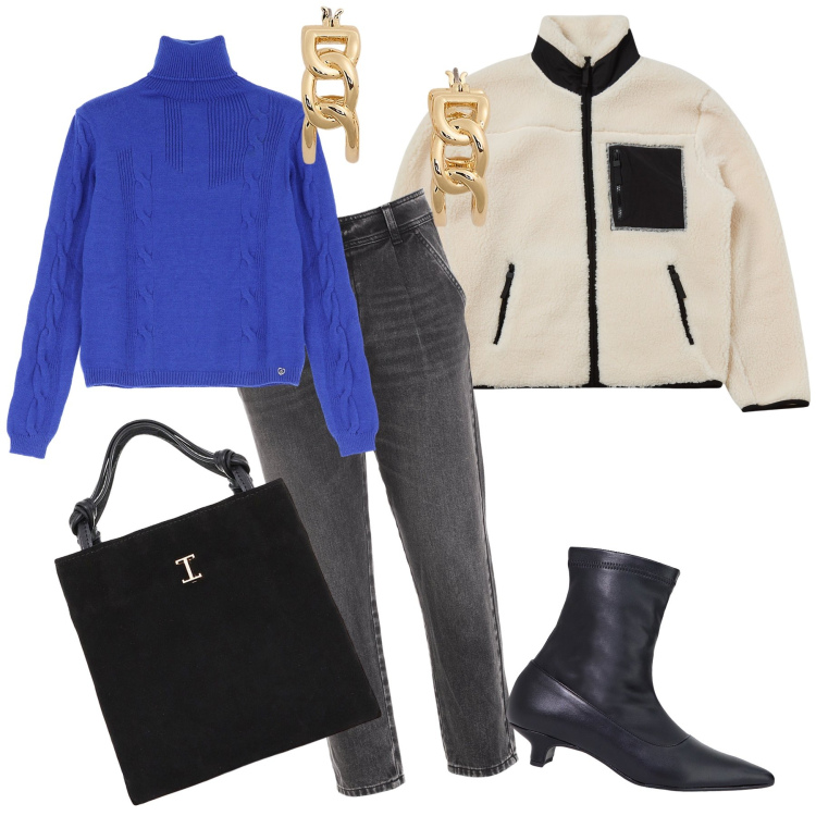Outfit donna - Comoda e glamour. Stile Urban per Tutti i giorni. Abbinamento con maglieria, felpe, shopping bag, stivaletti, jeans dritti, orecchini.