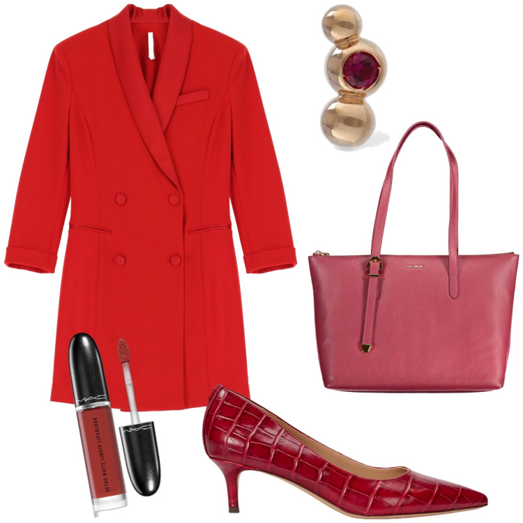 Outfit donna - Rouge. Stile Chic per Ufficio. Abbinamento con rossetti, vestiti corti, décolleté, borse a spalla, orecchini.
