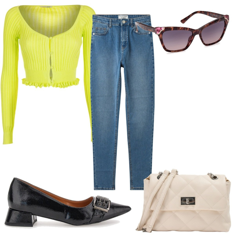 Outfit donna - Total look #2001431. Stile Trendy per Tutti i giorni. Abbinamento con jeans skinny, borse a spalla, cardigans, ballerine, occhiali da sole.