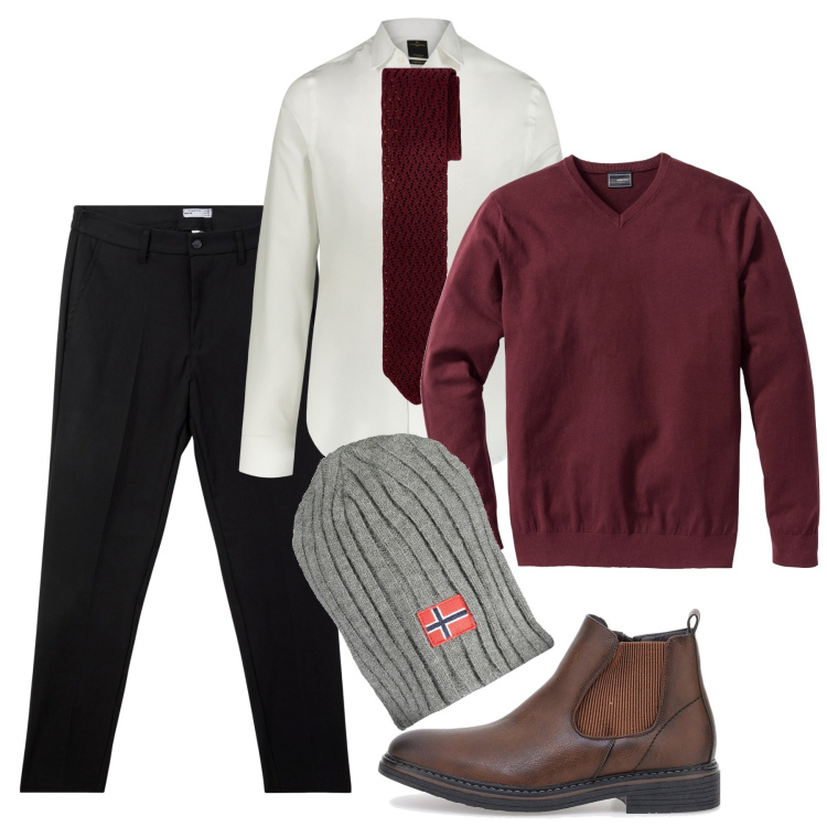 Outfit uomo - Borgogna. Stile Trendy per Serata speciale. Abbinamento con maglieria, pantaloni chino, camicie, stivali e stivaletti, berretti, cravatte.