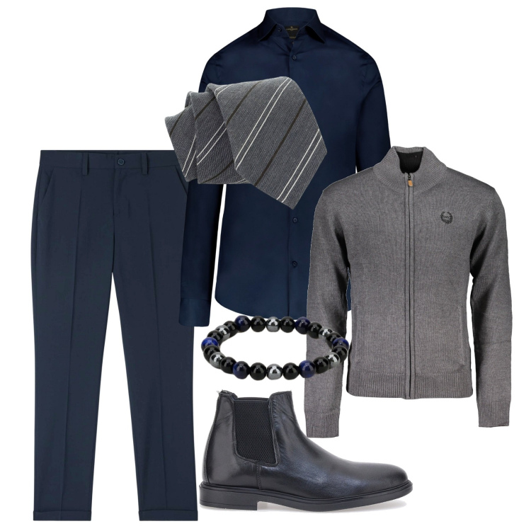 Outfit uomo - Classico blu e grigio. Stile Business/Elegante per Ufficio. Abbinamento con pantaloni chino, cravatte, braccialetti, stivali e stivaletti, camicie, cardigans.