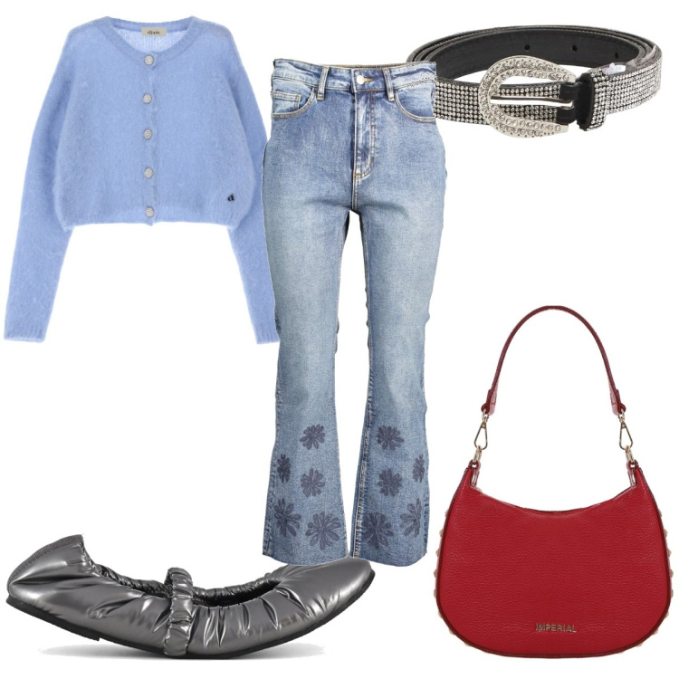 Outfit donna - Total look #2001445. Stile Trendy per Tutti i giorni. Abbinamento con cinture, borse a spalla, cardigans, ballerine, jeans.