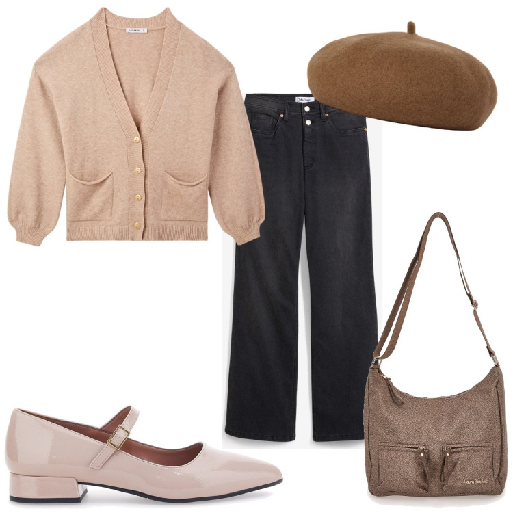 Outfit donna - Total look #2001448. Stile Trendy per Tutti i giorni. Abbinamento con jeans dritti, cardigans, cappelli e berretti, ballerine, borse a tracolla.