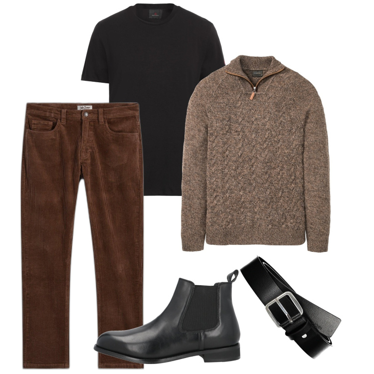 Outfit uomo - Velluto a coste tabacco. Stile Casual per Tutti i giorni. Abbinamento con maglieria, pantaloni, t-shirt, stivali e stivaletti, cinture.