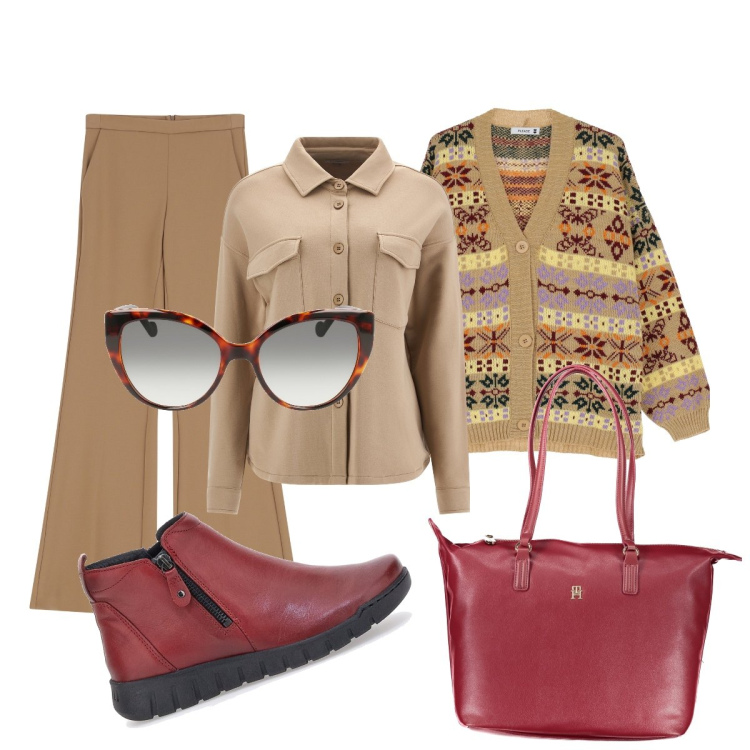Outfit donna - In città. Stile Sporty chic per Tutti i giorni. Abbinamento con cardigans, pantaloni, camicie, stivaletti, borse a spalla, occhiali da sole.