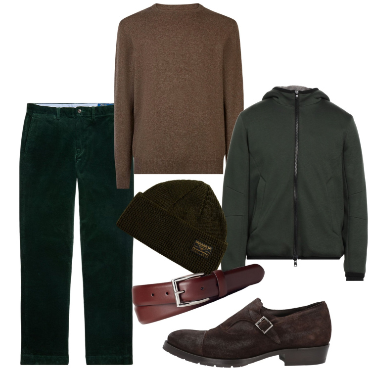 Outfit uomo - Velluto a coste deep green. Stile Trendy per Serata speciale. Abbinamento con giacche, scarpe stringate, cinture, pantaloni, berretti, maglieria.