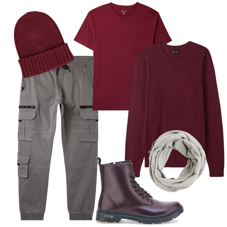 Outfit uomo - Borgogna per novembre. Stile Urban per Tutti i giorni. Abbinamento con maglieria, t-shirt, pantaloni cargo, sciarpe, anfibi, berretti.