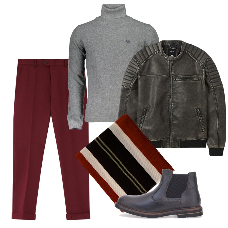 Outfit uomo - Borgogna per novembre. Stile Urban per Serata speciale. Abbinamento con giacche, pantaloni, sciarpe e foulard, stivali e stivaletti, maglieria.