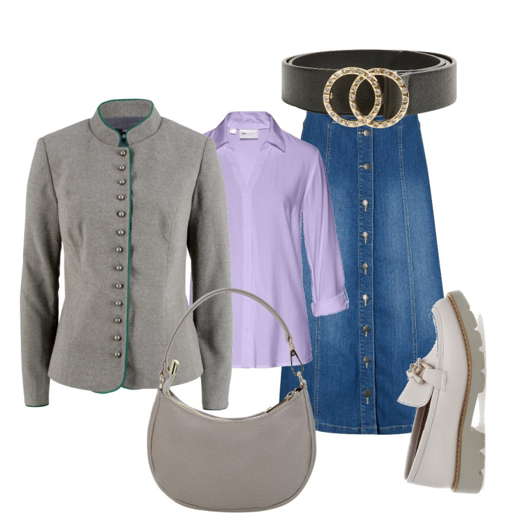Outfit donna - Grigio elegante. Stile Casual chic per Tutti i giorni. Abbinamento con gonne longuette, blazer, camicie, cinture, borse a spalla, mocassini.