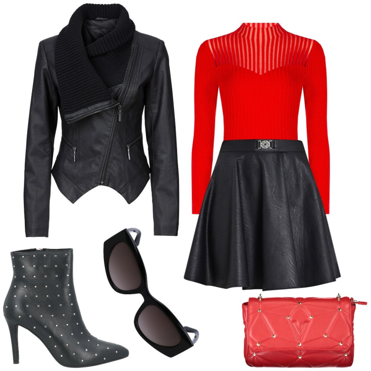 Outfit donna - Pelle. Stile Rock per Serata fuori. Abbinamento con stivaletti, blazer, maglieria, minigonne, occhiali da sole, borse a tracolla.
