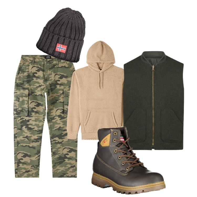 Outfit uomo - Pantacargo camouflage. Stile Urban per Tutti i giorni. Abbinamento con pantaloni cargo, felpe con cappuccio, stivali, piumini, berretti.