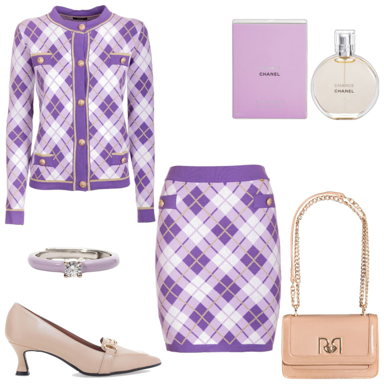 Outfit donna - Bon Ton. Stile Bon Ton per Serata fuori. Abbinamento con profumi, anelli, borse a tracolla, cardigans, gonne, décolleté.