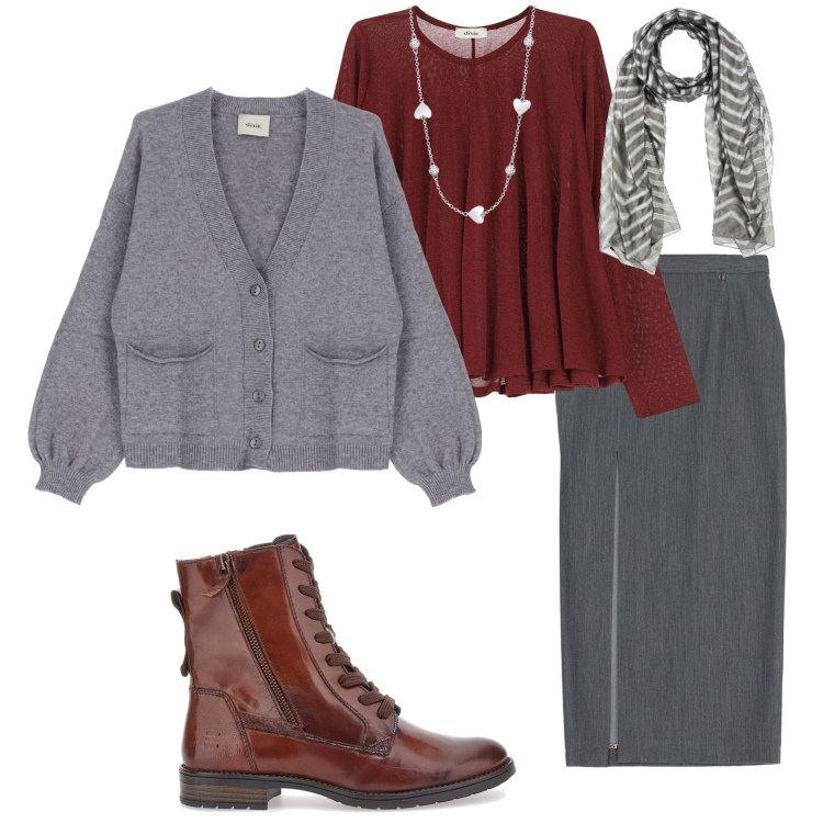 Outfit donna - In ufficio. Stile Casual chic per Ufficio. Abbinamento con sciarpe, collane, cardigans, maglieria, gonne, anfibi.