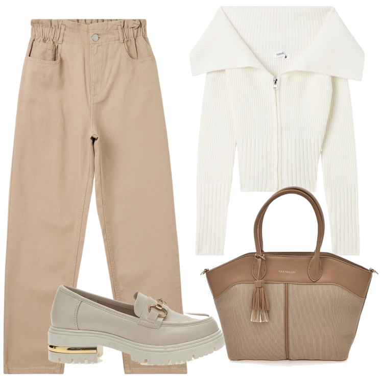 Outfit donna - I mocassini. Stile Chic per Tutti i giorni. Abbinamento con pantaloni, cardigans, mocassini, borse tote.