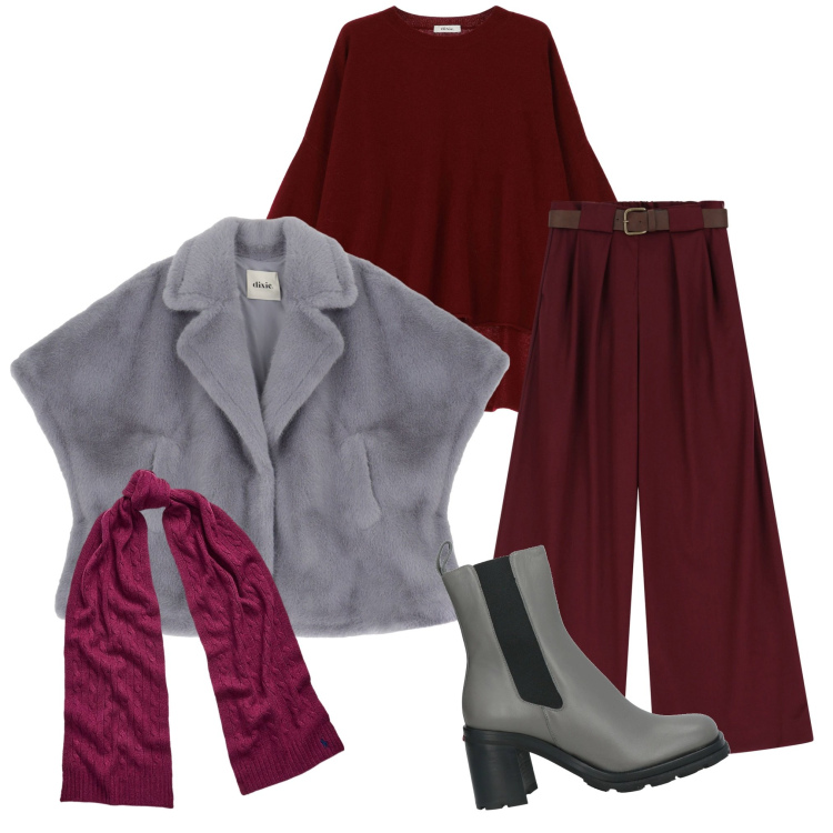 Outfit donna - Serata con amiche. Stile Casual chic per Serata fuori. Abbinamento con stivaletti chelsea, pullovers, blazer, pantaloni a palazzo, sciarpe.