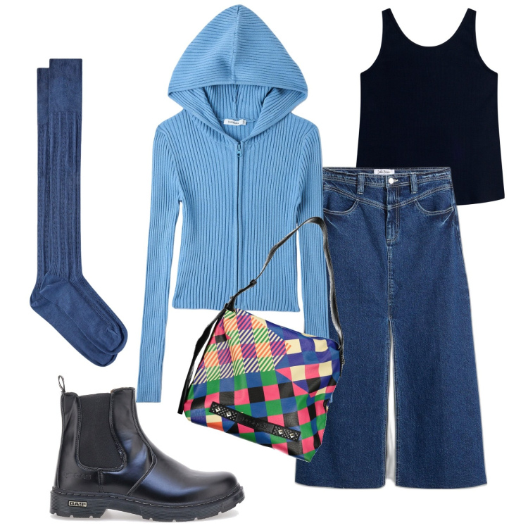 Outfit donna - Con la gonna di jeans e calzettoni. Stile Trendy per Tutti i giorni. Abbinamento con gonne lunghe, maglieria, canottiere, stivaletti chelsea, borse a spalla, collant.