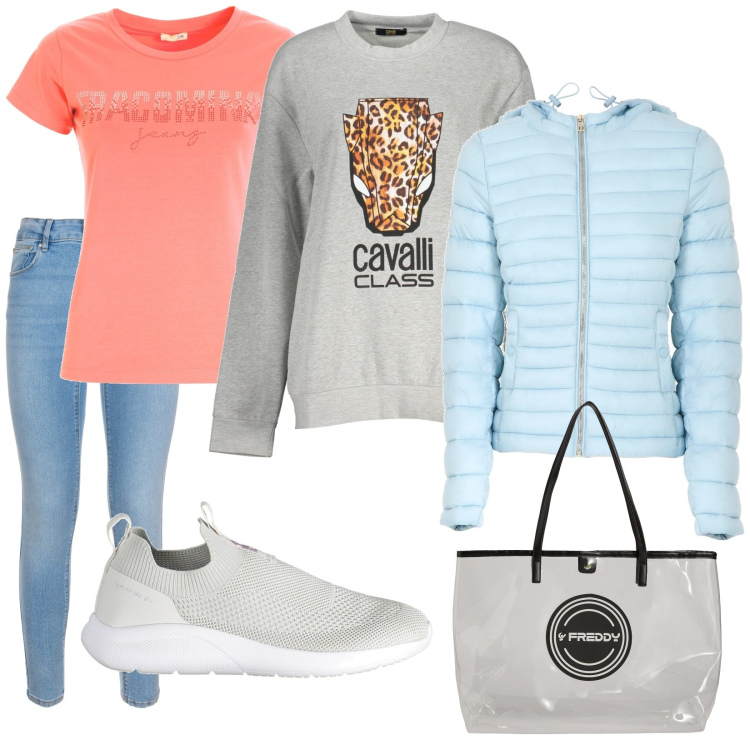 Outfit donna - Sovrapponendo. Stile Casual per Tutti i giorni. Abbinamento con piumini, jeans skinny, t-shirt, shopping bag, felpe, sneakers.
