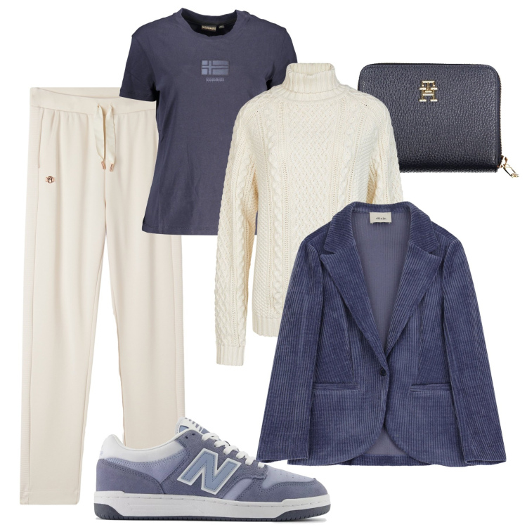 Outfit donna - Maglione norvegese e giacca velluto. Stile Casual per Tutti i giorni. Abbinamento con blazer, sneakers, pantaloni, maglieria, portafogli, t-shirt.