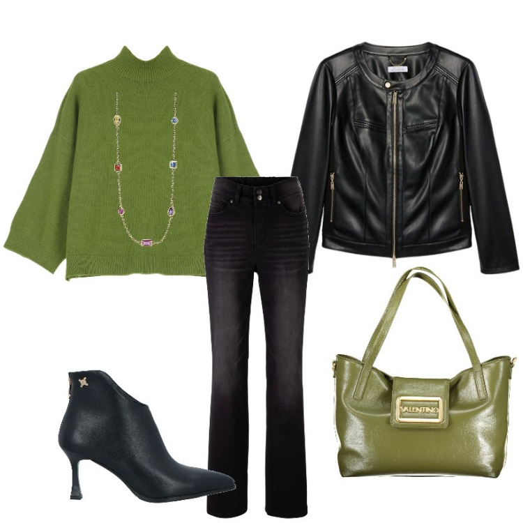 Outfit donna - Nero e verde. Stile Casual chic per Tutti i giorni. Abbinamento con jeans bootcut, stivaletti, collane, pullovers, borse a spalla, blazer.