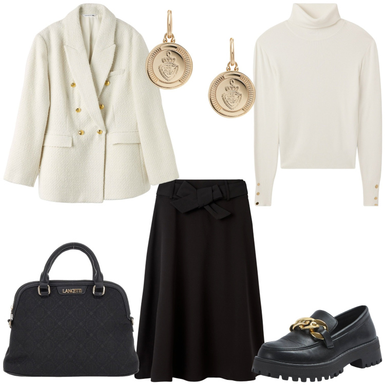 Outfit donna - Classica con tocco trendy. Stile Minimal per Tutti i giorni. Abbinamento con mocassini, blazer, gonne lunghe, maglieria, orecchini, borse a spalla.