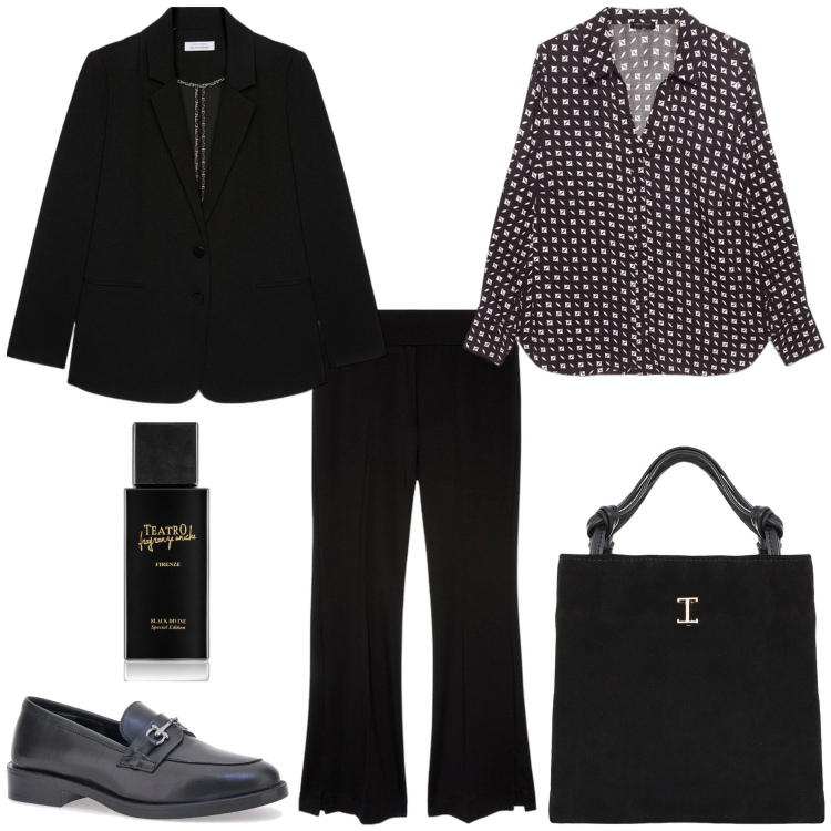 Outfit donna - Mannish con il mocassino. Stile Mannish per Tutti i giorni. Abbinamento con profumi, shopping bag, mocassini, camicie, pantaloni, blazer.