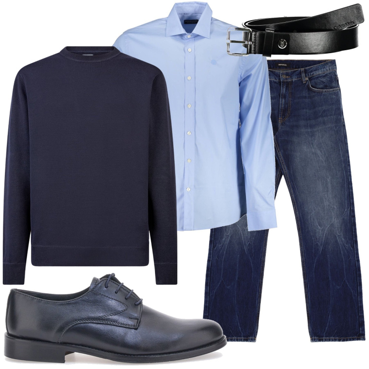 Outfit uomo - Maglione e camicia. Stile Casual per Ufficio. Abbinamento con jeans dritti, maglieria, scarpe stringate, camicie, cinture.