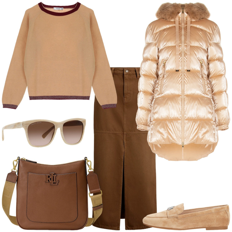 Outfit donna - Il mocassino in camoscio. Stile Trendy per Tutti i giorni. Abbinamento con piumini, pullovers, mocassini, borse a tracolla, gonne, occhiali da sole.
