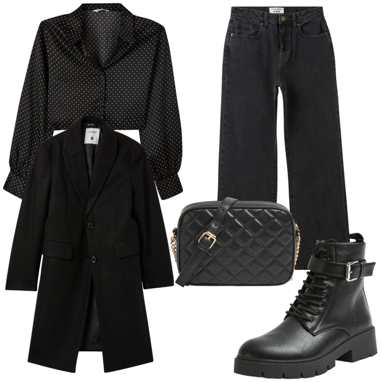 Outfit donna - Terranova Black Friday. Stile Casual chic per Serata fuori. Abbinamento con camicie, borse a tracolla, jeans dritti, cappotti, anfibi.