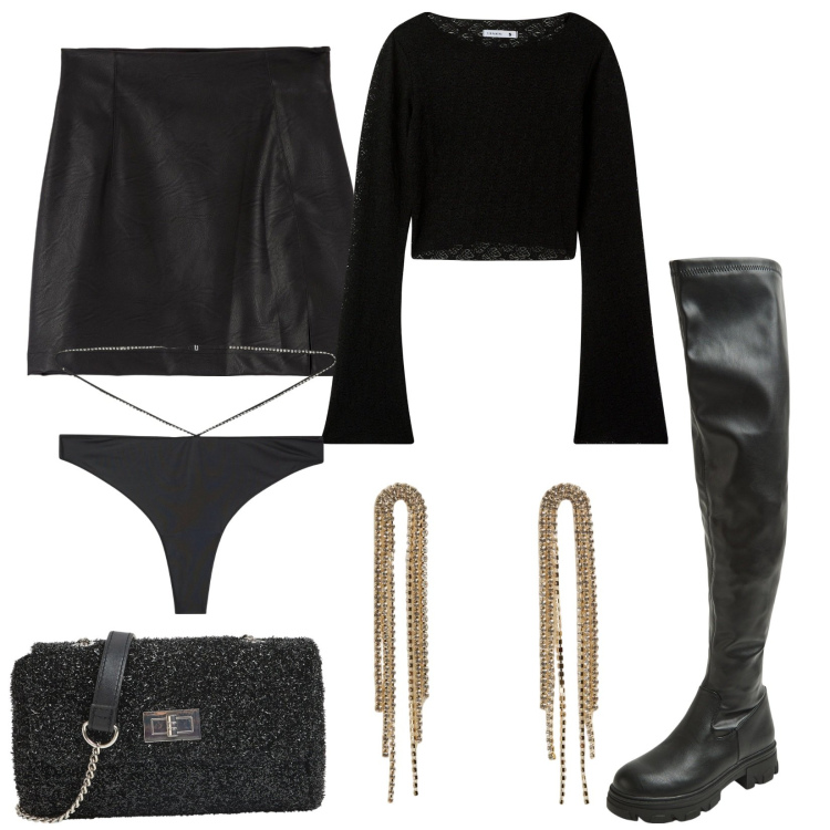 Outfit donna - Terranova Black Friday. Stile Sexy per Serata fuori. Abbinamento con t-shirt, minigonne, orecchini, perizomi, borse a tracolla, stivali.