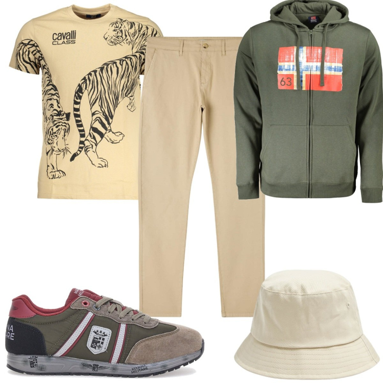 Outfit uomo - Total look #2001653. Stile Trendy per Tutti i giorni. Abbinamento con cappelli, pantaloni chino, felpe con cappuccio, t-shirt, sneakers.