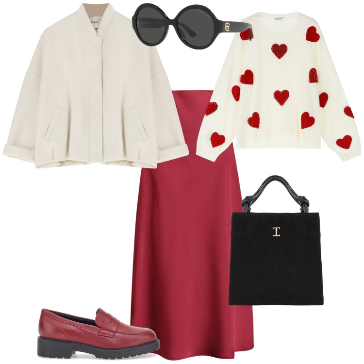 Outfit donna - Total look #2001657. Stile Casual chic per Tutti i giorni. Abbinamento con maglieria, bomber, gonne longuette, shopping bag, occhiali da sole, mocassini.