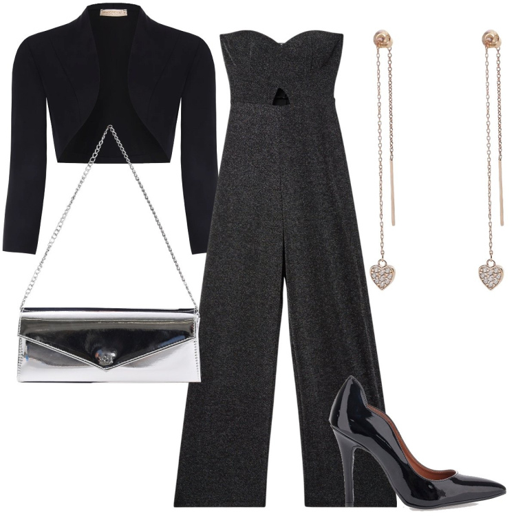 Outfit donna - Tuta lurex. Stile Glamour per Serata fuori. Abbinamento con tute, orecchini, bolero, pochette, décolleté.