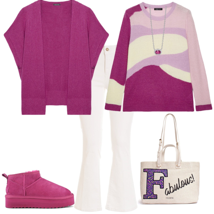 Outfit donna - Total look #2001664. Stile Trendy per Tutti i giorni. Abbinamento con collane, jeans, borse a tracolla, stivaletti, cappe, maglieria.