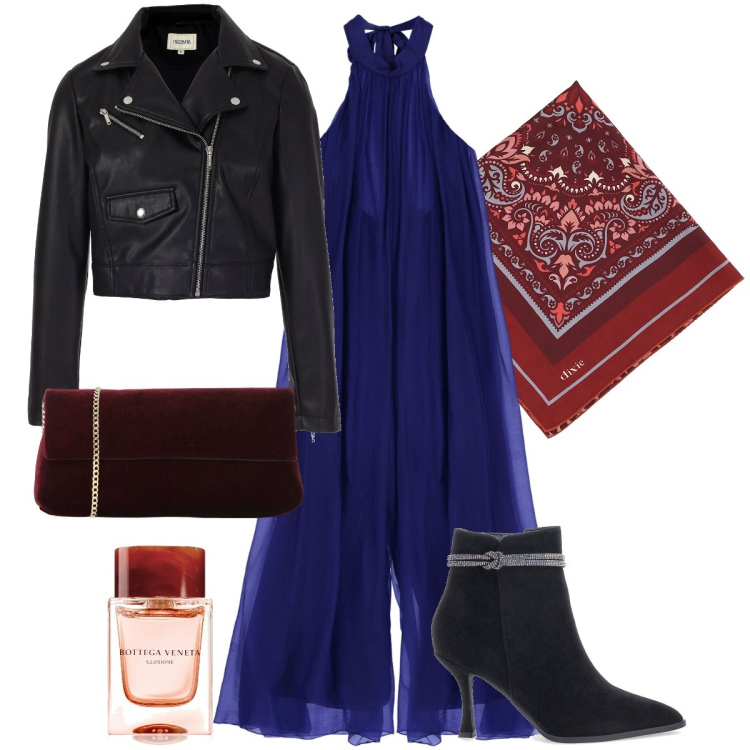 Outfit donna - La tutq viola. Stile Rock per Serata fuori. Abbinamento con profumi, blazer, tute, pochette, foulard, stivaletti.