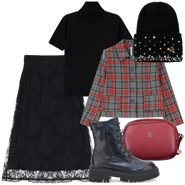 Outfit donna - Gonna in pizzo da giorno. Stile Trendy per Tutti i giorni. Abbinamento con berretti, blazer, maglieria, gonne longuette, anfibi, borse a tracolla.